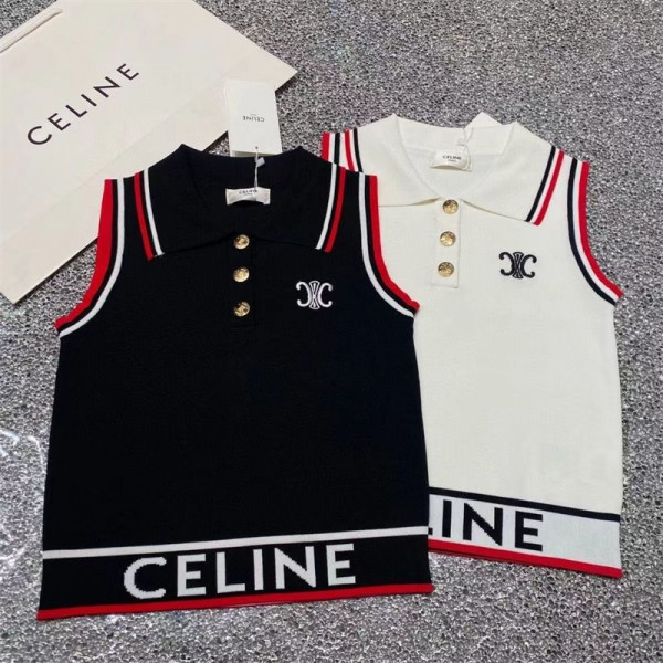 ブランド CELINE セリーヌ ノースリーブ ニット カラー スリム レディース シャツ ワイシャツ 半袖 ビジネス 襟つき ニットベスト 夏