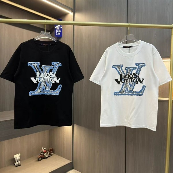 ルイヴィトン tシャツ メンズ 半袖 夏服 lv ブランド 上着 綿100% プリント柄 ヘンリーネック フィットネス おしゃれ インナーシャツ tシャツ メンズ シングル 肌着