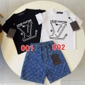 ルイヴィトン 子供の服 韓国風 2点セット 可愛い LV キッズ服 ハイブランド 女の子ｔシャツ 半袖 おしゃれ 英文字付き デニムショートパンツ ゆったり キッズ服 清楚感 夏着 普段着 カジュアル お出かけ ルームウェアー 旅行 海辺 通学 90-150 春夏